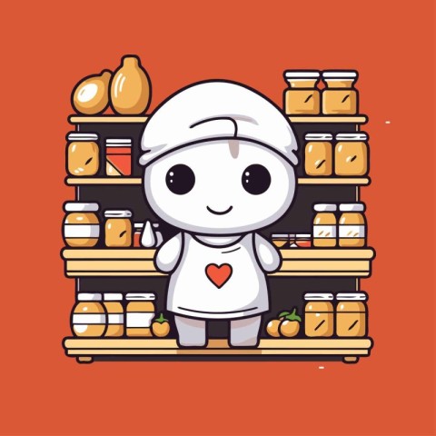 Cute cartoon chef standing in the supermarket. Colorful vector i