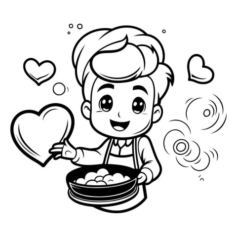 Black and White Cartoon Illustration of Cute Male Chef Holding B