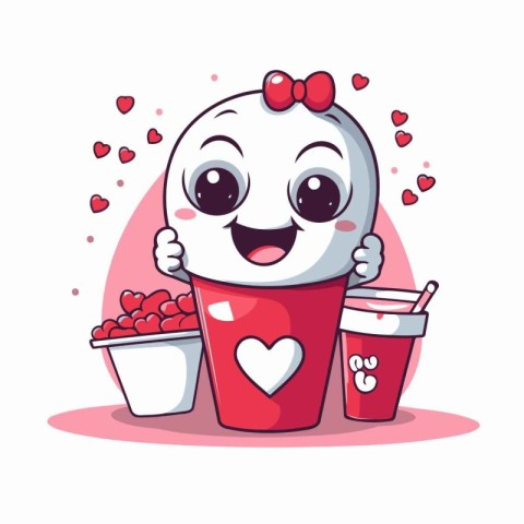 Cute ice cream character with cup of coffee. Vector illustration