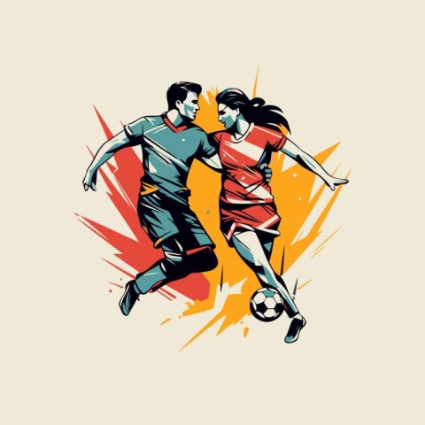 Soccer player man and woman with ball. Football vector illustrat