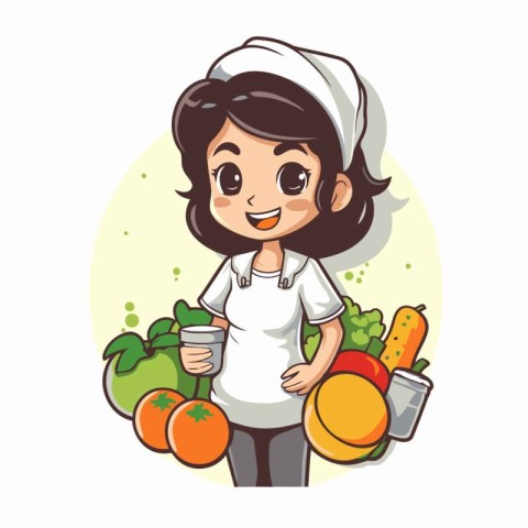 Cute cartoon chef girl with fresh fruits and vegetables. Vector