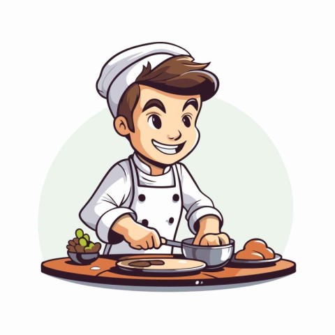 Illustration of a young male chef cooking in the kitchen. Vector