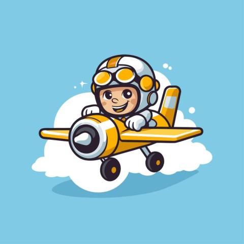 Cute little boy in space suit flying a plane. Vector illustratio