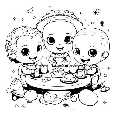 Cute cartoon children having breakfast. Vector illustration for