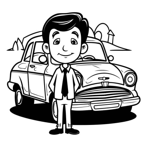 Businessman cartoon with car. Black and white vector illustratio