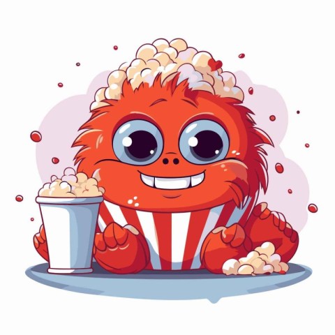 Cute cartoon monster with popcorn and milkshake. Vector illustra