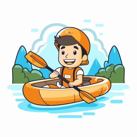 Cute boy in a kayak. Vector illustration in cartoon style.