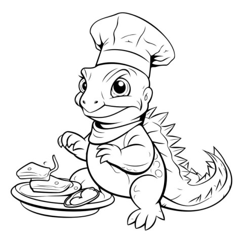 Cute crocodile chef with a plate of food. Vector illustration.