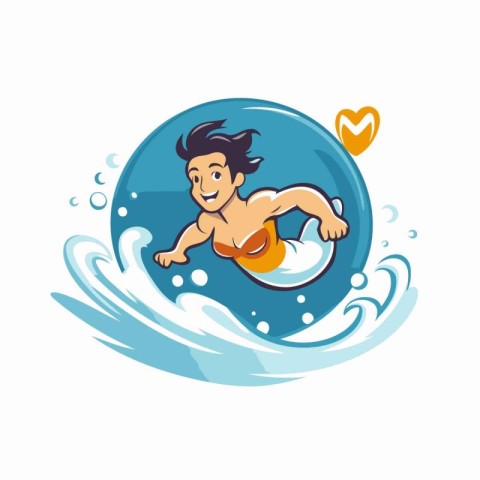 Vector illustration of a man swimming on a surfboard in the wate