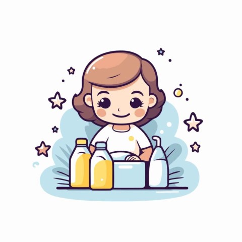 Cute little girl with milk. Vector illustration in cartoon style