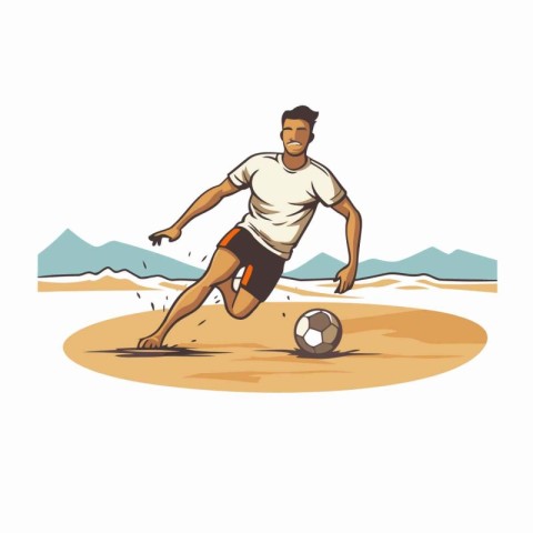 Soccer player with ball on the beach. Vector illustration in car