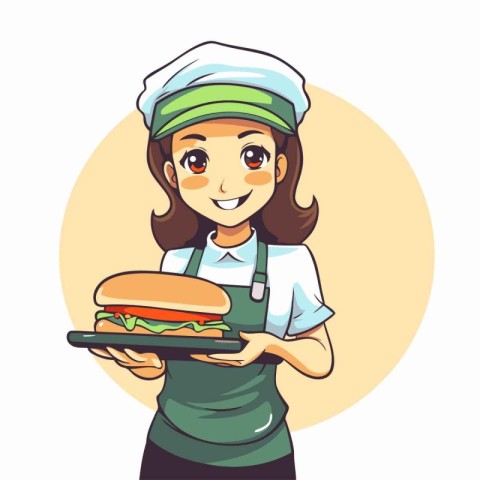 Cute cartoon waitress holding a tray with hamburger. Vector illu