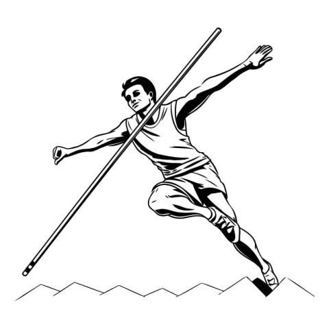 Athlete running with javelin. black and white vector illustratio