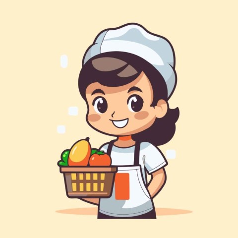 Cute little chef holding a basket of fresh vegetables. Vector il