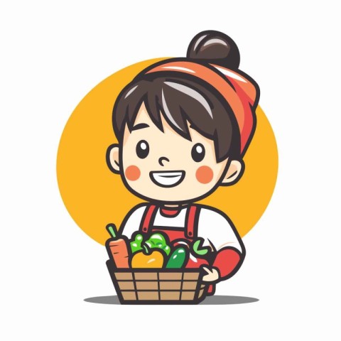 Cute little girl holding basket full of vegetables. Vector illus