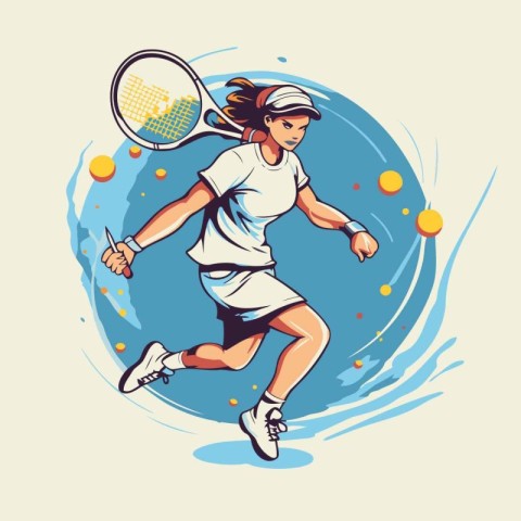 Tennis player in action with racket and ball. Vector illustratio