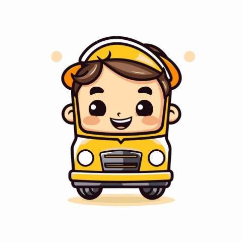 Cute Kid Boy Riding School Bus Vector Illustration. Cartoon Char