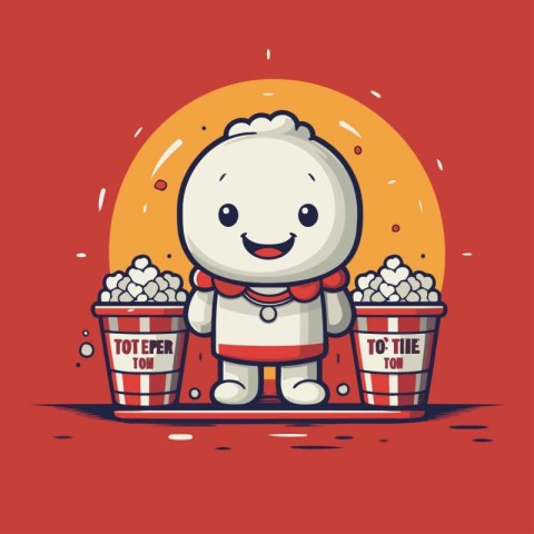 Cute cartoon snowman with bucket of popcorn. Vector illustration