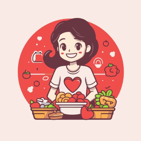 Vector illustration of a girl holding a plate with fruits and ve