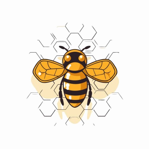 Bee on honeycomb. Vector illustration in flat style. Isolated on