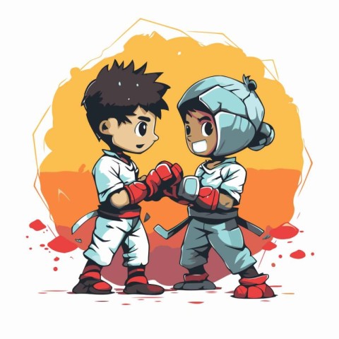 Karate boy and girl cartoon characters. Vector illustration on w