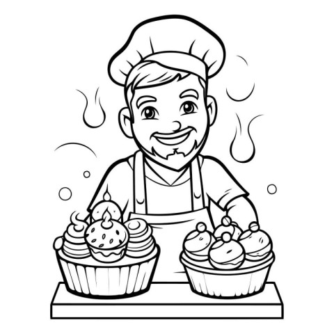 Black and White Cartoon Illustration of Happy Male Chef Characte