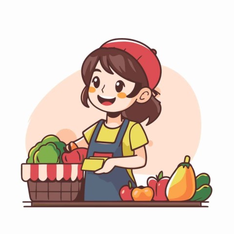 Girl in apron with basket of fresh fruits and vegetables. Vector