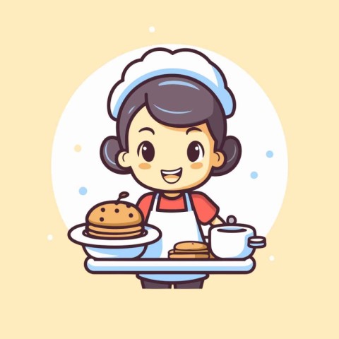 Cute little chef girl holding a plate of pancakes. Vector illust