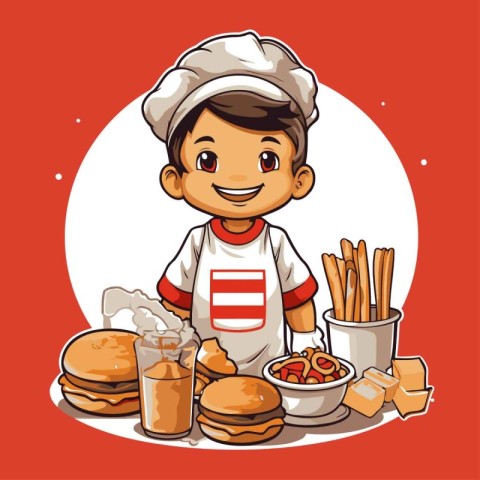 Chef boy with hamburger and french fries vector illustration gra