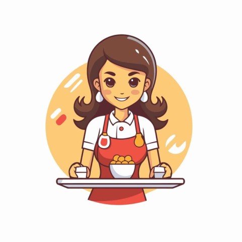 Cute little girl in apron serving food. Vector illustration.