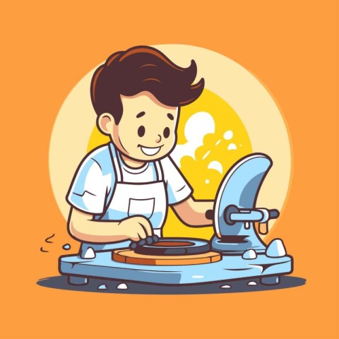 Cute boy playing vinyl record. Vector illustration in cartoon st