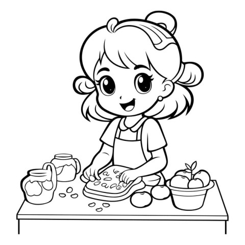 Black and White Cartoon Illustration of Cute Little Girl Prepari