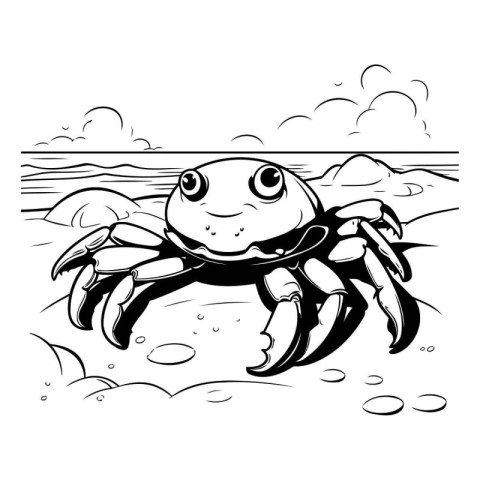 Crab on the beach. Vector illustration in black and white.