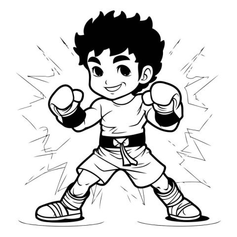 Cartoon boxer boy with boxing gloves. Black and white vector ill