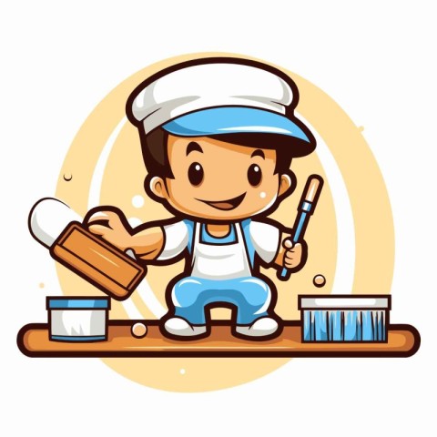 Cute Little Boy Cleaning The Floor - Cartoon Vector Illustration