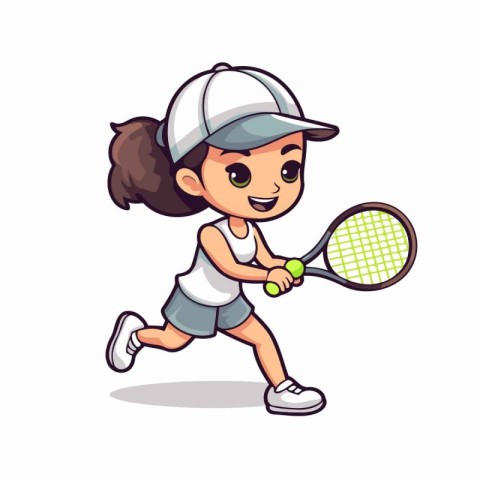 Cute girl playing tennis cartoon vector illustration. Isolated o