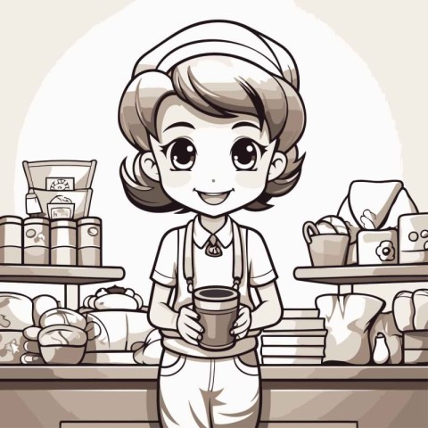 Cute cartoon woman in a bakery holding a cup of coffee.