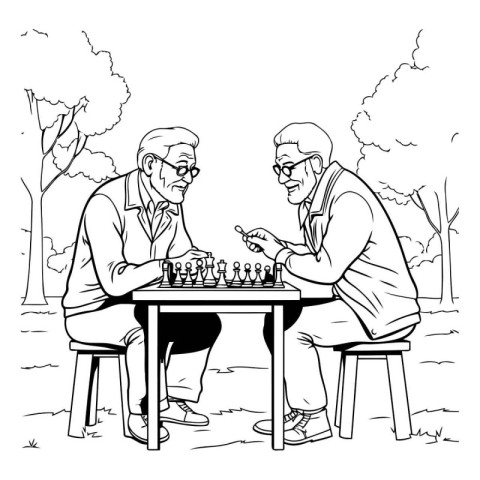 Elderly men playing chess in the park. Black and white vector il