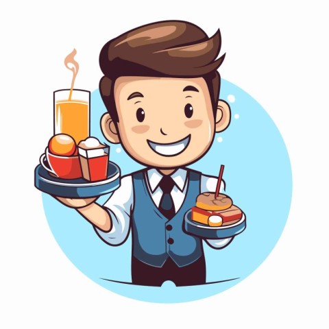 Waiter with a tray of food. Vector illustration in cartoon style