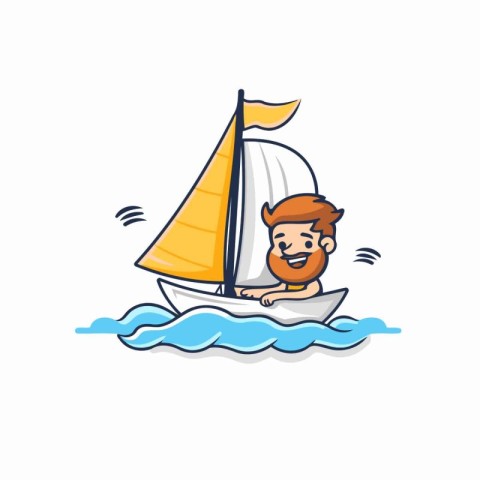 Cartoon happy man sailing on a sailboat. Vector illustration.