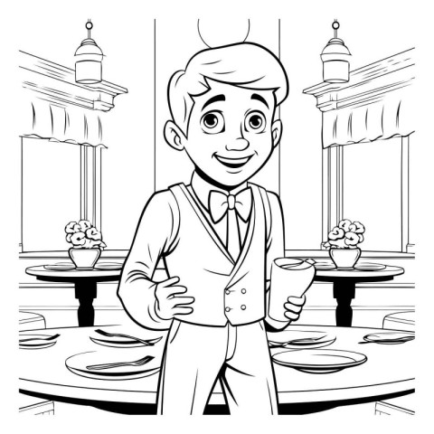 Vector illustration of a waiter with a cup of coffee in a cafe