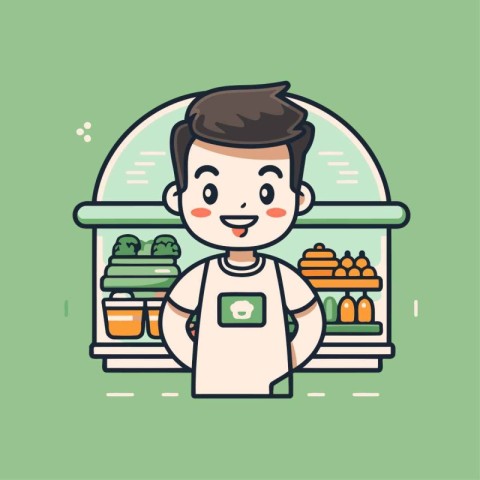 Cute cartoon man in supermarket. Vector illustration in flat sty