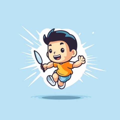 Boy playing badminton cartoon character vector illustration. Fla