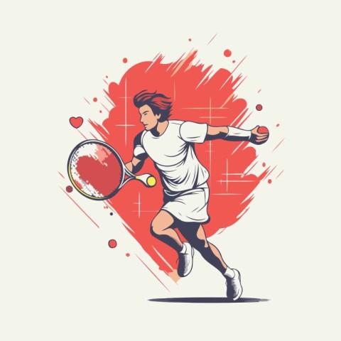 Tennis player with racket and ball. Vector illustration in retro