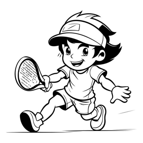 Illustration of a Kid Playing Tennis - Black and White Cartoon S