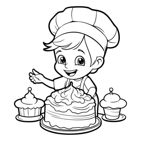 Black and White Cartoon Illustration of Little Boy Chef with Cak