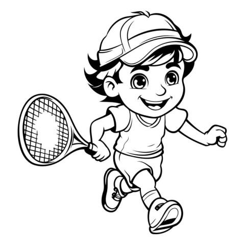 Boy playing tennis. Vector illustration. Coloring book for child