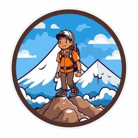 Hiker on the top of a mountain. Vector illustration in cartoon s