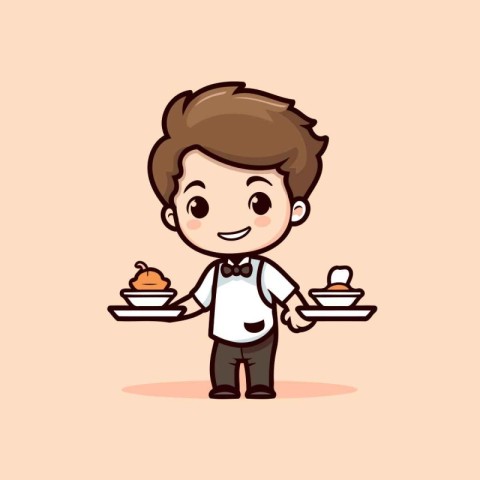 Waiter Serving Food - Cute Cartoon Waiter Vector Illustration