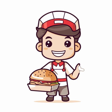 Hamburger Delivery - Cute Cartoon Delivery Boy Vector Illustrati